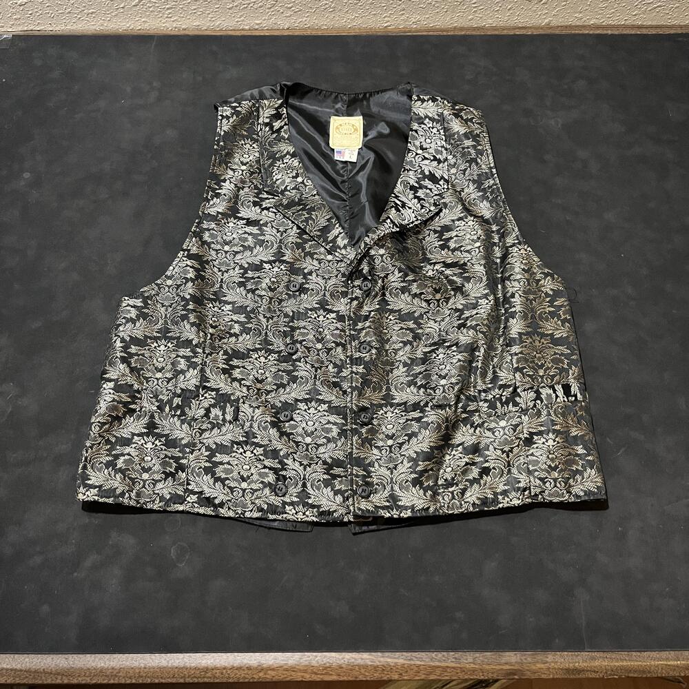 Wahmaker Suit Vest Mens Large Black Floral Brocade Frontier Cowboy USA Made